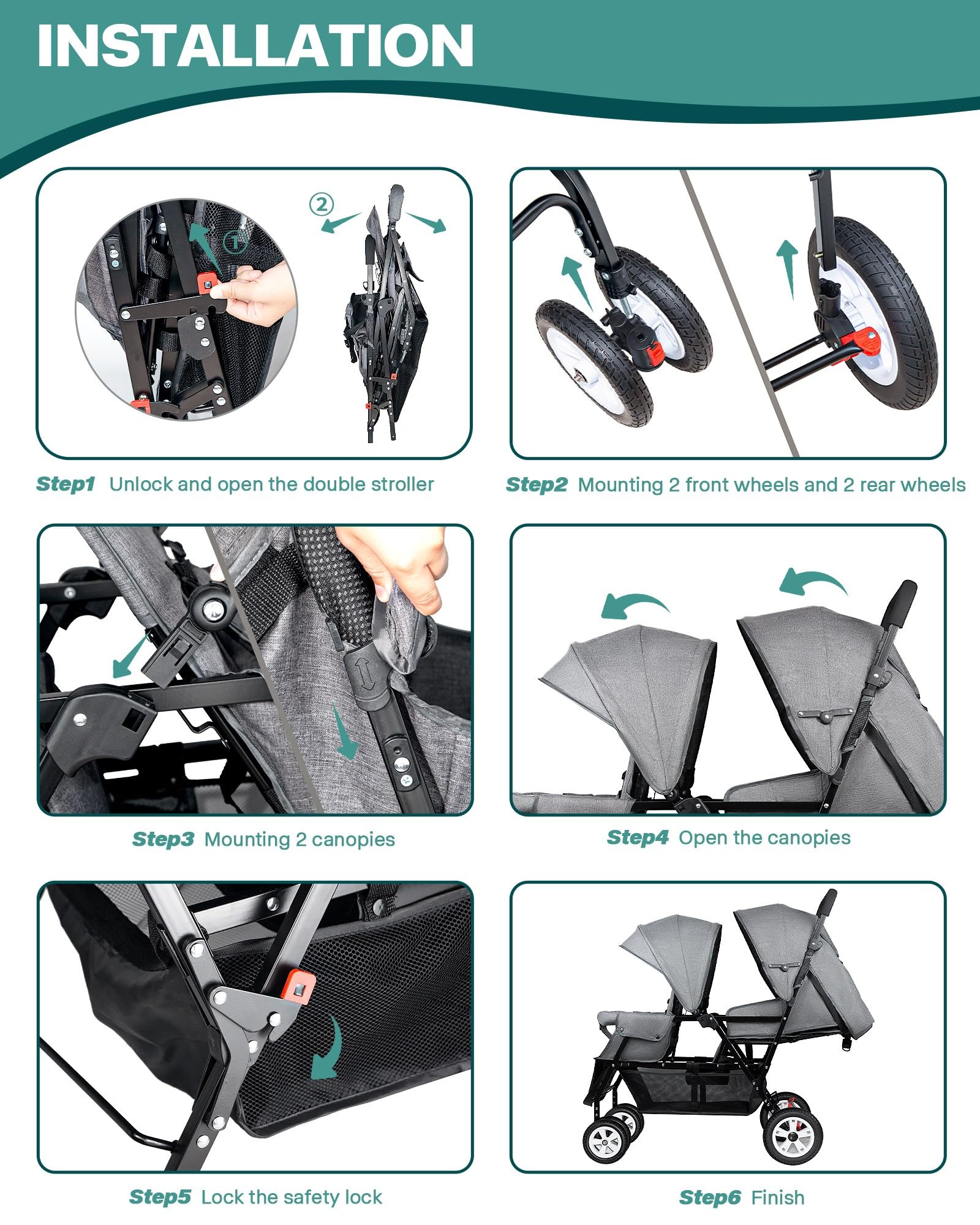 Side view of OVERTANG double stroller in grey