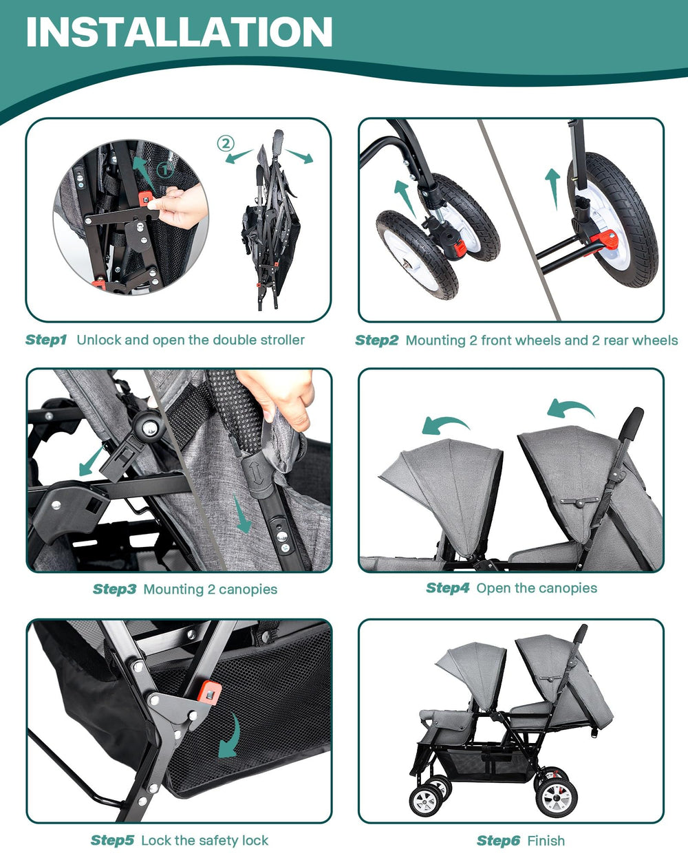 Side view of OVERTANG double stroller in grey