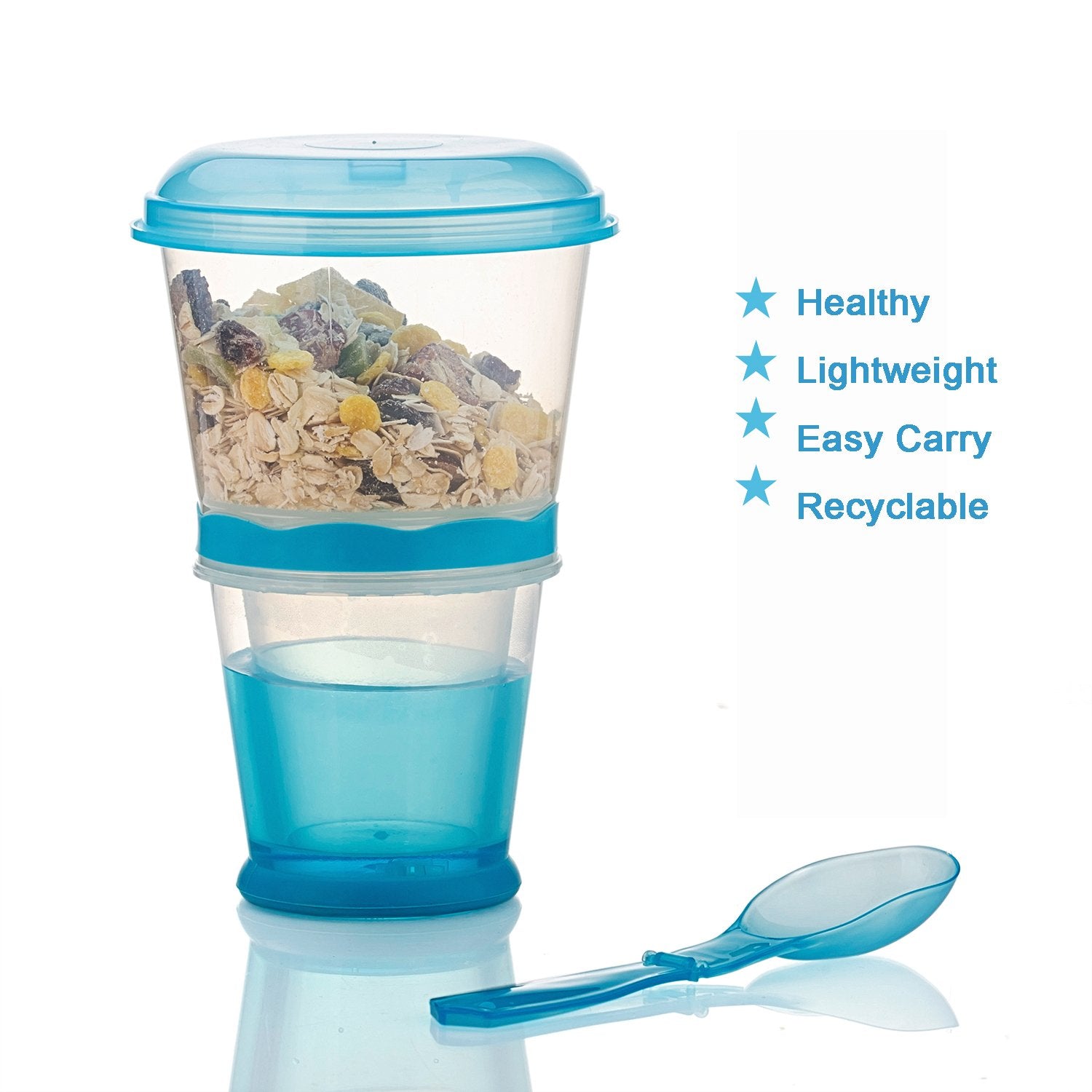 OVOY cereal to-go blue compact-size container fits in a lunch bag.