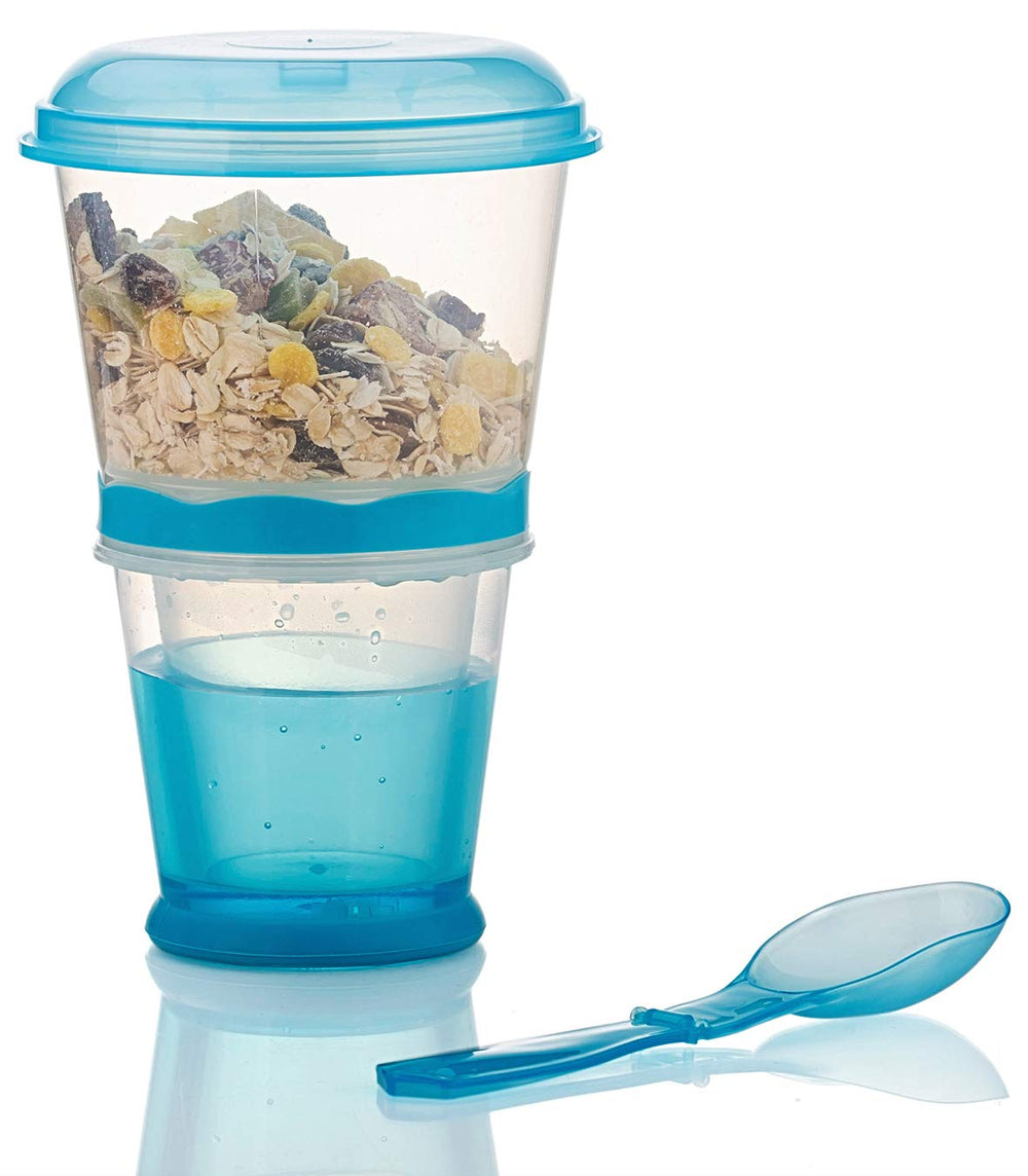 OVOY cereal to-go blue container open for easy on-the-go portioning.