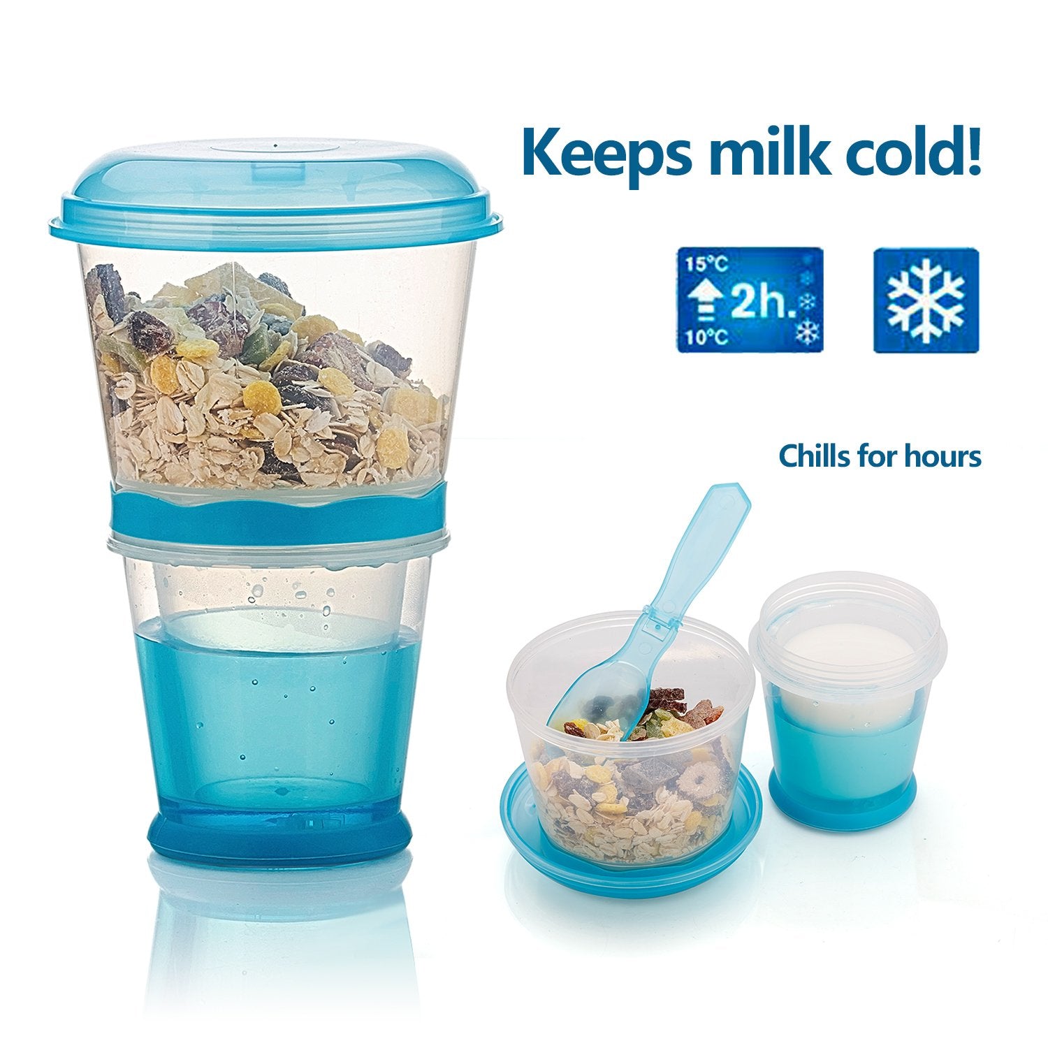 OVOY cereal to-go blue in-use cup ready for school or office lunches.