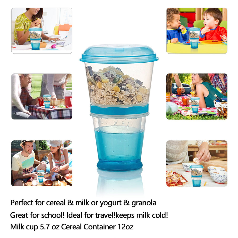 OVOY cereal to-go blue milk compartment shows separate sections for fresh yogurt.