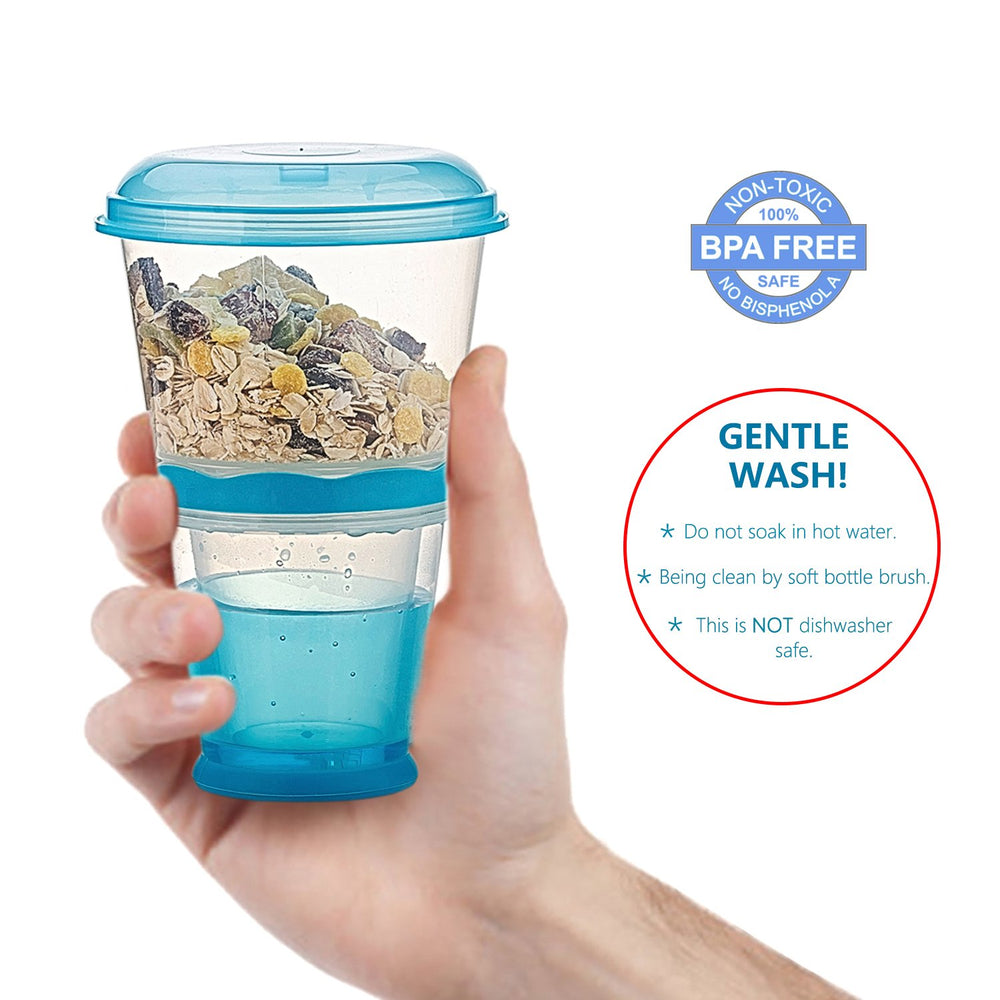 OVOY cereal to-go blue packaging highlights reusable design and color options.