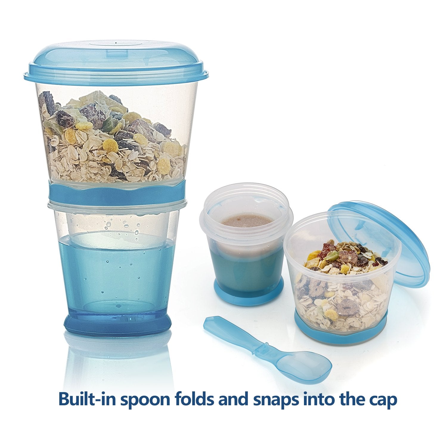 OVOY cereal to-go blue folding spoon integrated into cap for mess-free serving.