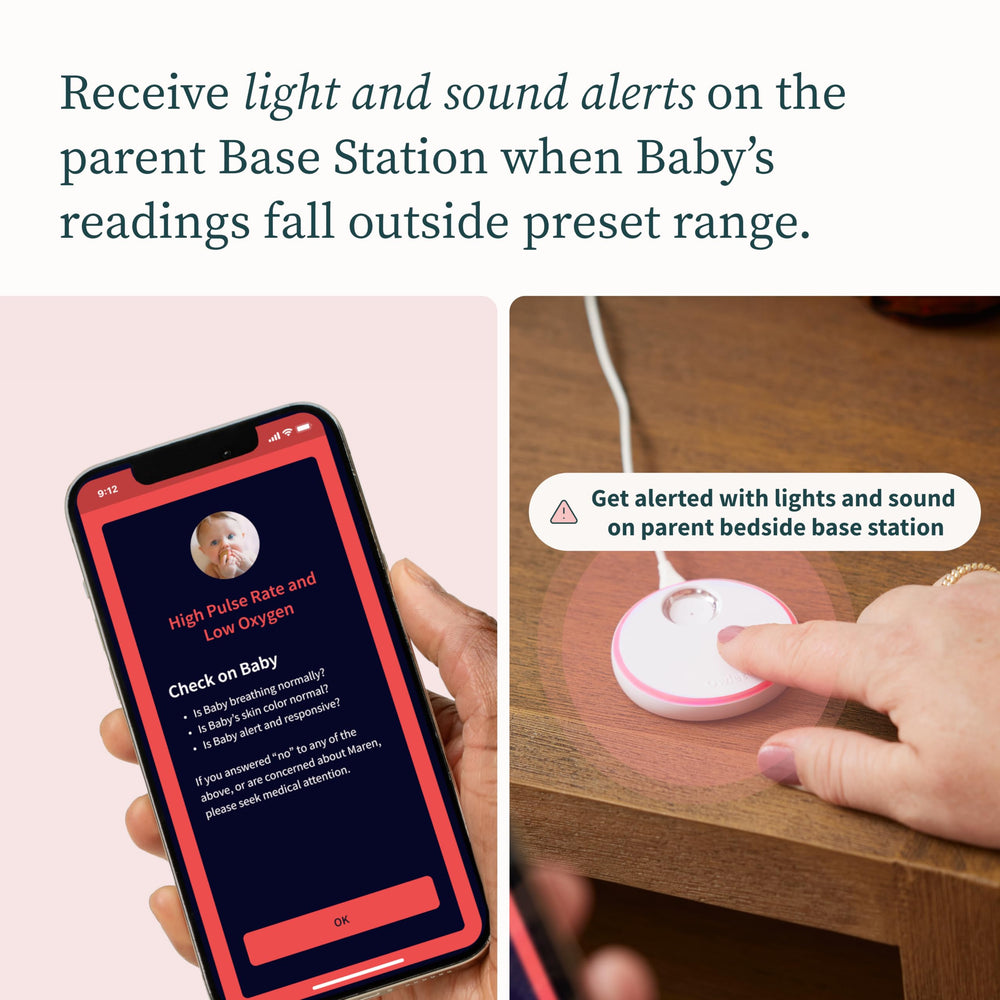 Owlet base station sends real-time alerts to caregivers during monitoring.