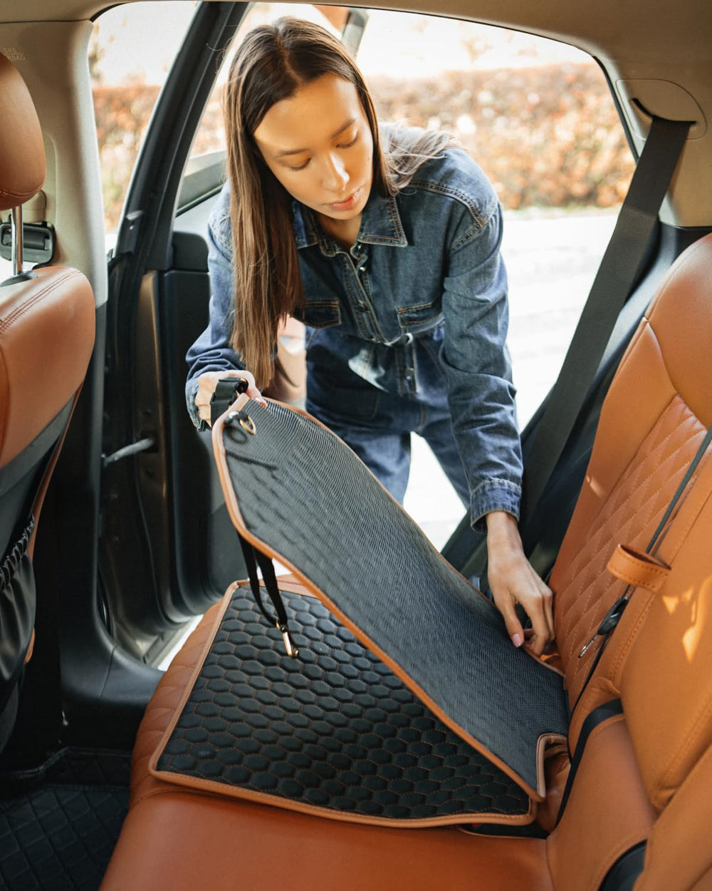 Owleys premium leather seat protector installation-anchors provides secure fit for calm rides