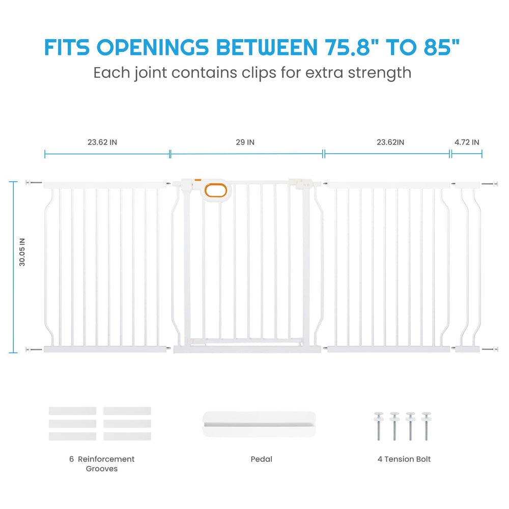 Owlie baby gate adjustable width shows flexible fit for large openings and wide hallways.