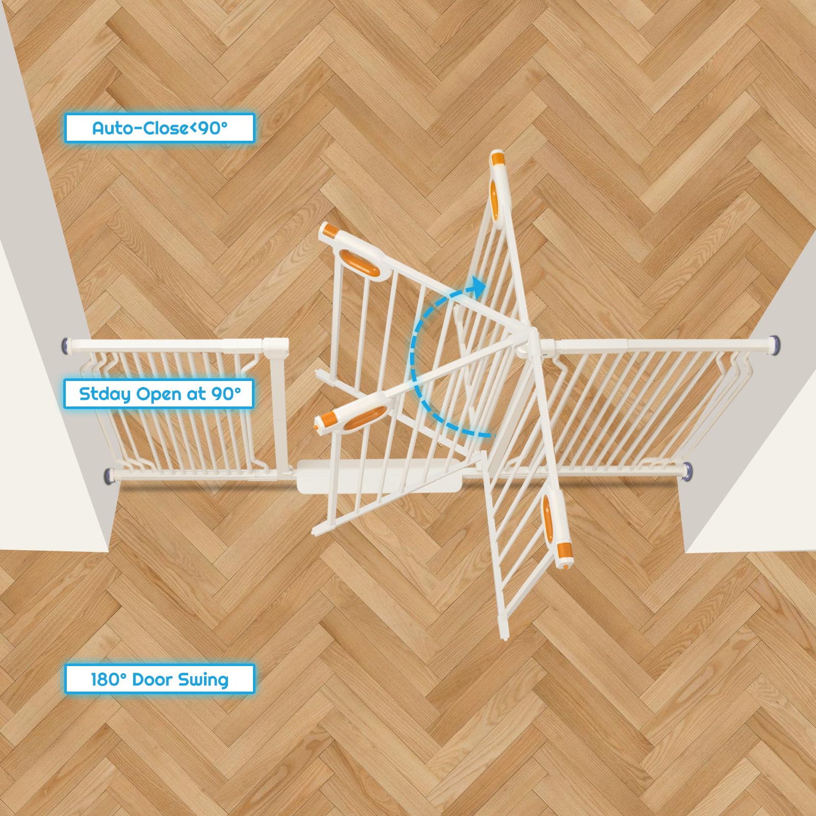 Owlie baby gate one-handed operation lets you pass through easily while supervising.