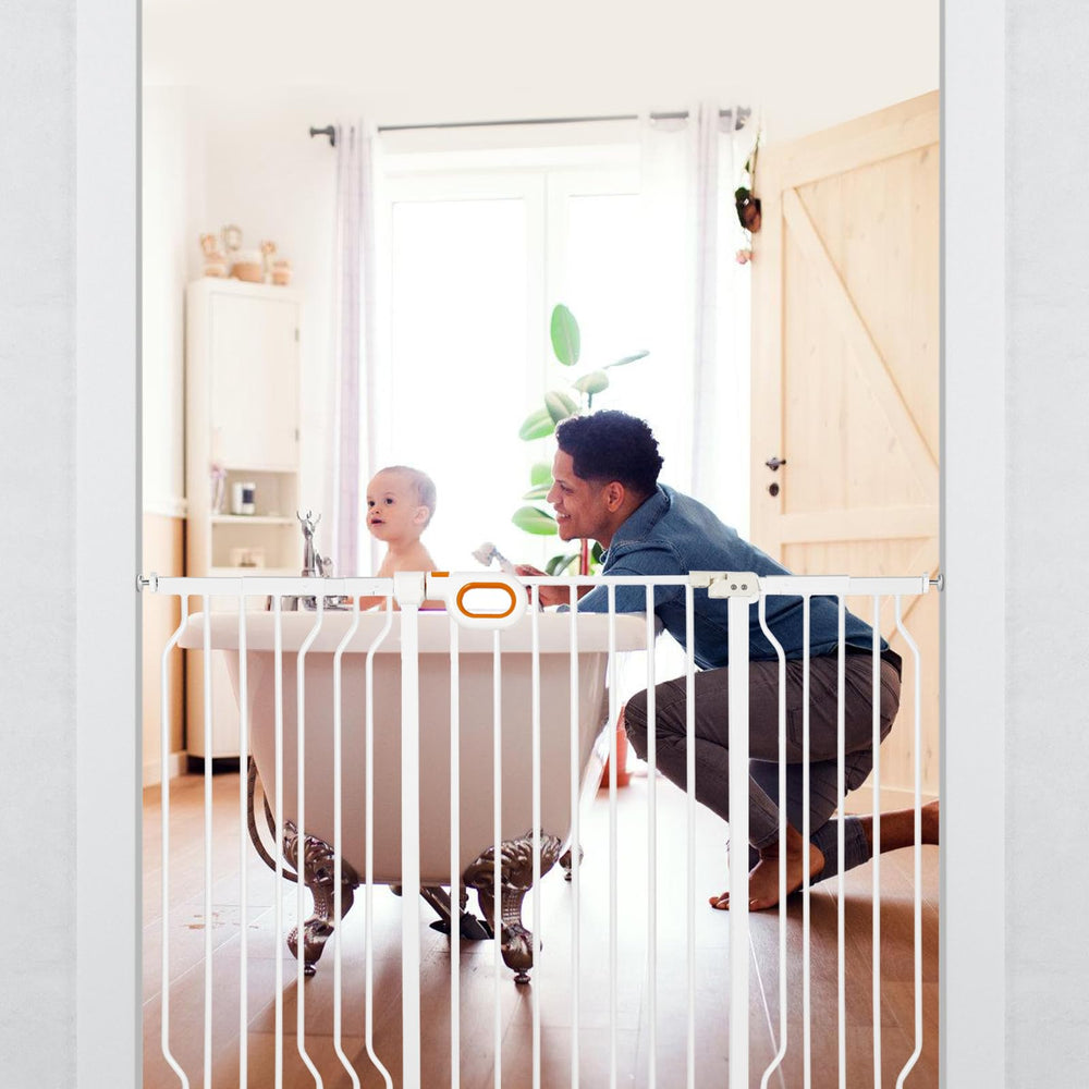 Owlie gate wide width fits stairs, doorways, and hallways.
