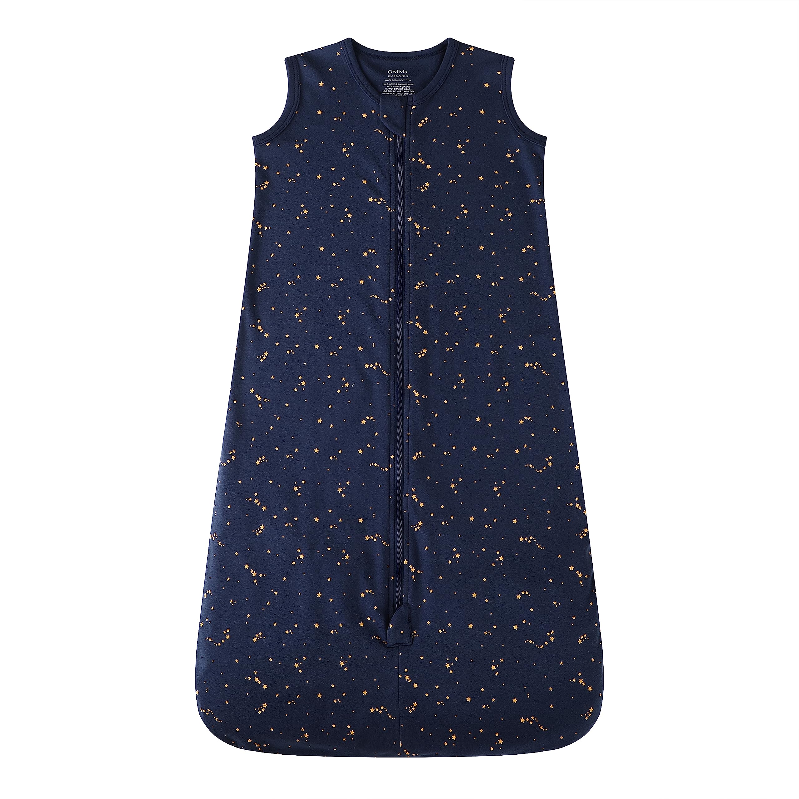 Owlivia baby organic cotton sleep sack Starry Sky provides breathable warmth for warm rooms.