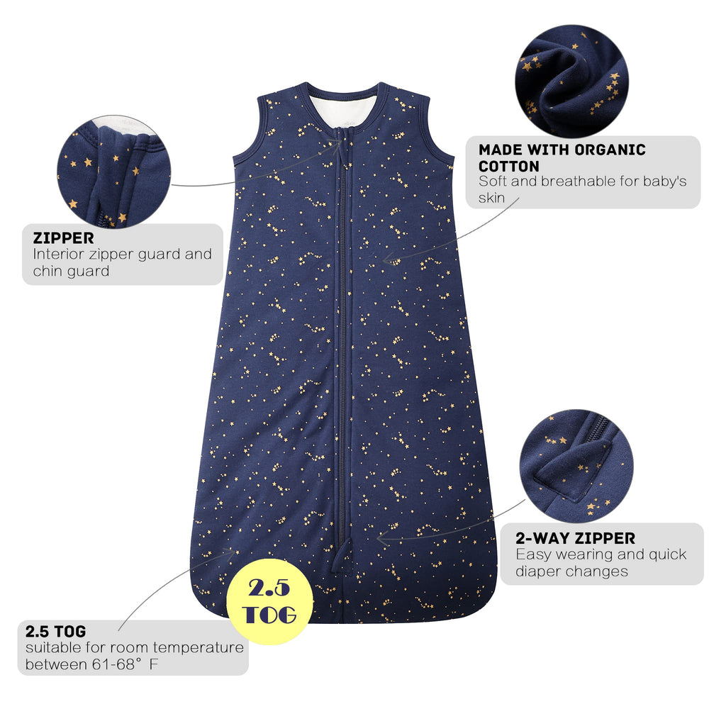 Owlivia Starry Sky sleep sack is machine washable for easy care and lasting softness.