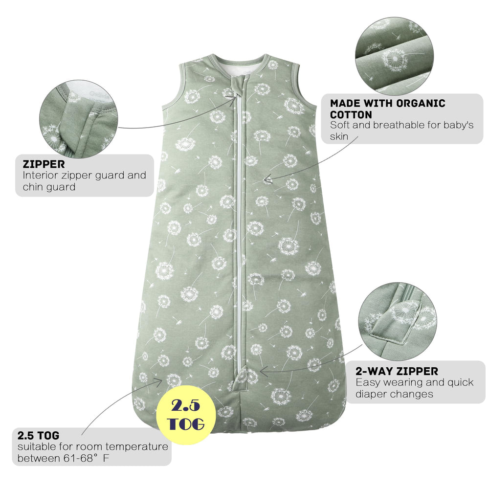 Owlivia green dandelion pattern sleep sack adds cozy bedtime style