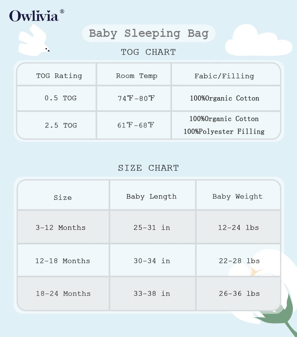 Owlivia sleep sack sizing includes 3-12, 12-18, 18-24 months with pajama pairing.