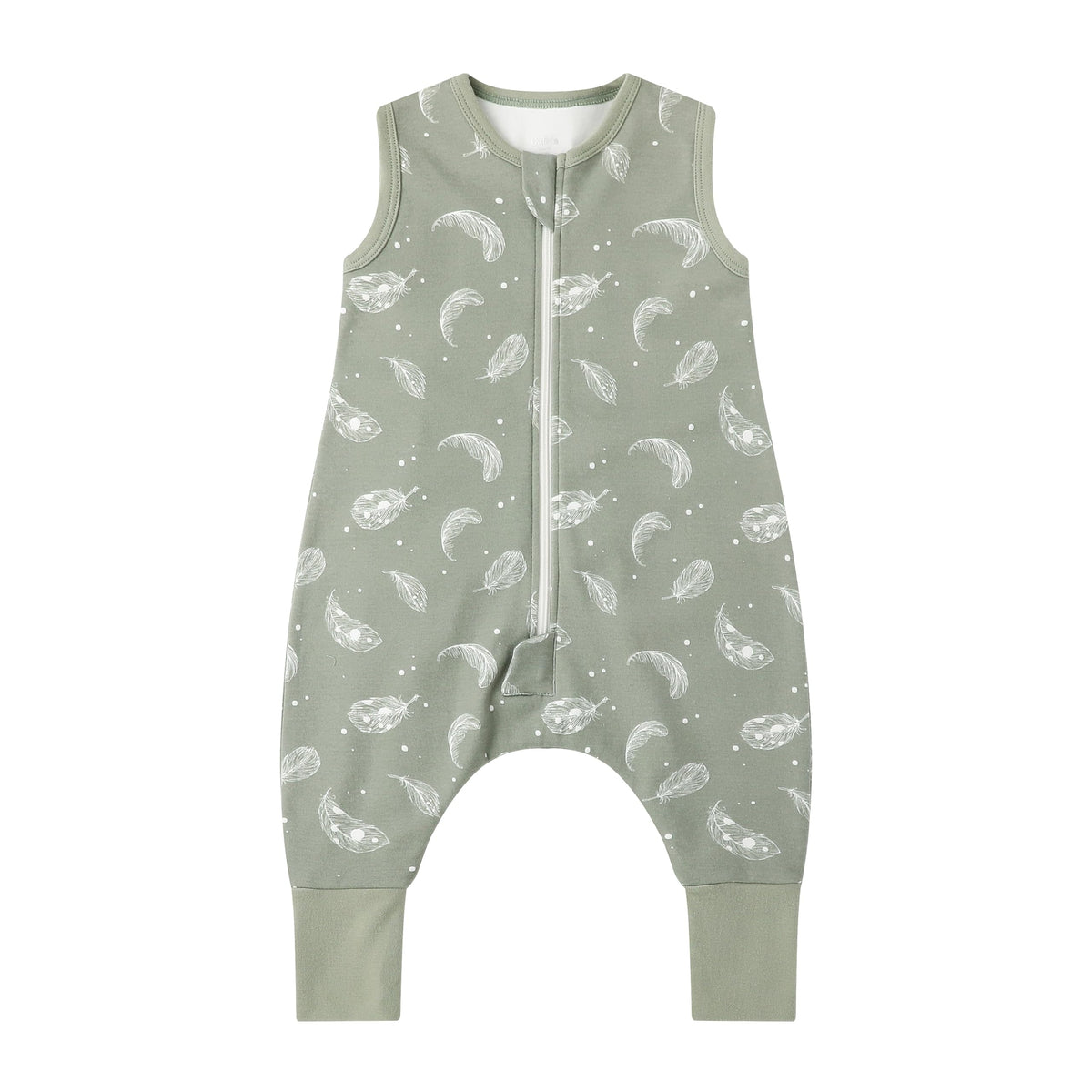 Owlivia baby sleeping bag with feet—closeup of soft organic cotton in Green Feather