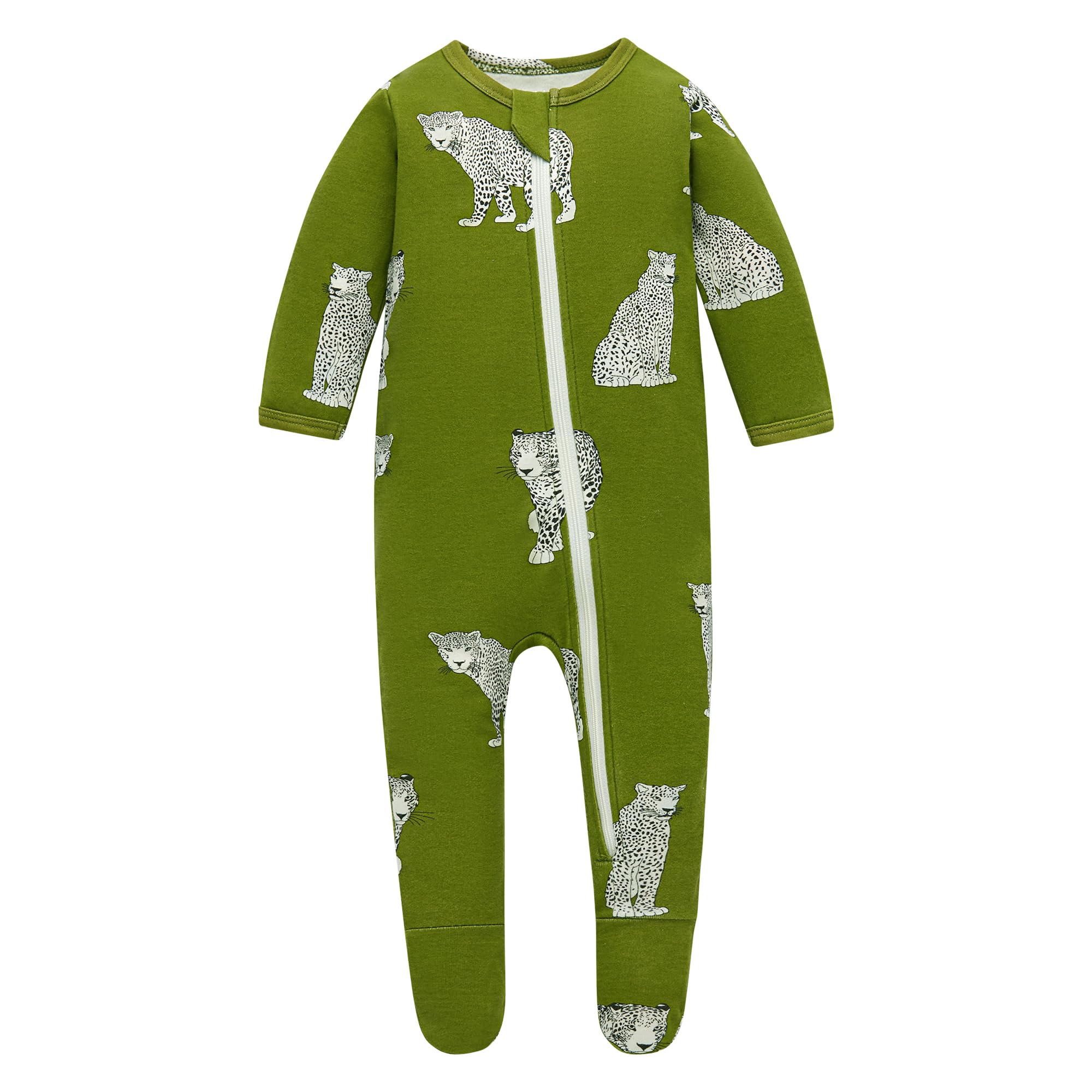 Owlivia cheetah-stripes pajamas zip-closure close-up; quick night diaper changes.