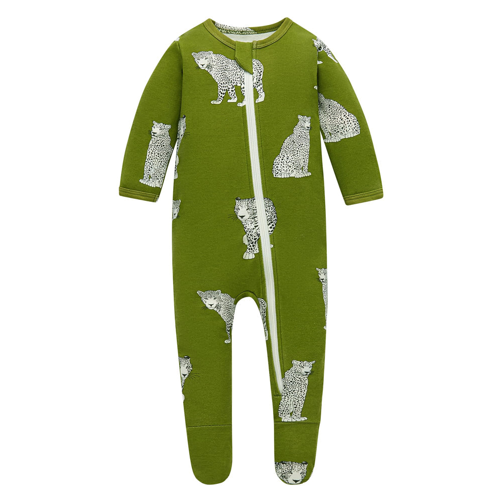 Owlivia cheetah-stripes pajamas zip-closure close-up; quick night diaper changes.