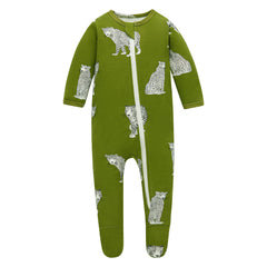 Owlivia cheetah-stripes pajamas zip-closure close-up; quick night diaper changes.