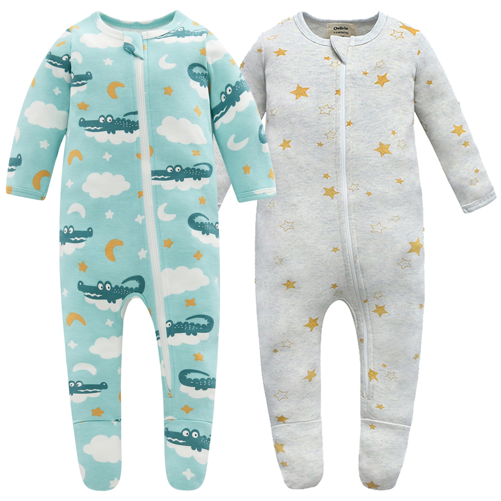 Owlivia crocodile-zip-front baby pajamas for quick diaper changes.