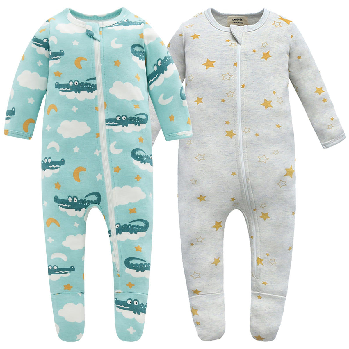 Owlivia crocodile-zip-front baby pajamas for quick diaper changes.