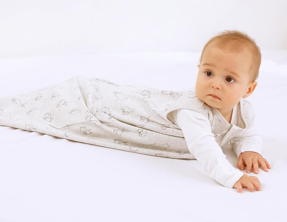 Owlivia gray rabbit 0-5 tog wearable blanket back view for safe coverage.