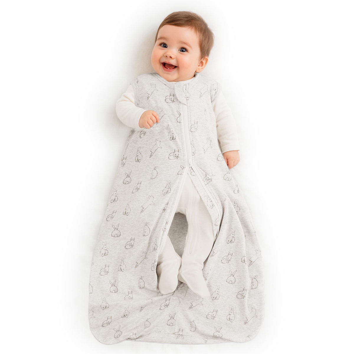 Owlivia gray rabbit 0-5tog wearable blanket front view promotes gentle night-time warmth.