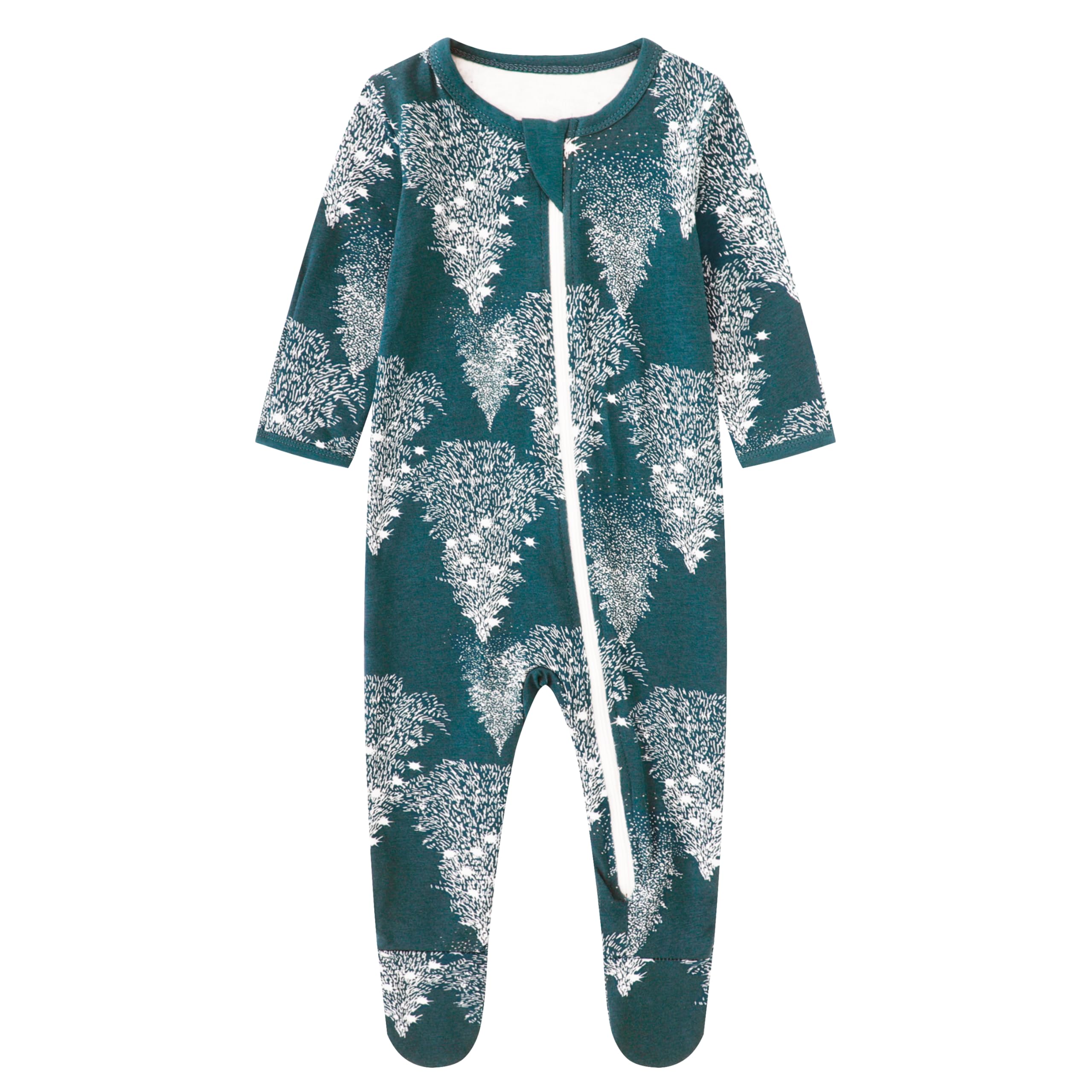 Owlivia organic cotton baby pajamas Pine print with zip-front for quick changes