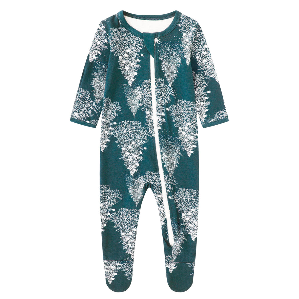 Owlivia organic cotton baby pajamas Pine print with zip-front for quick changes