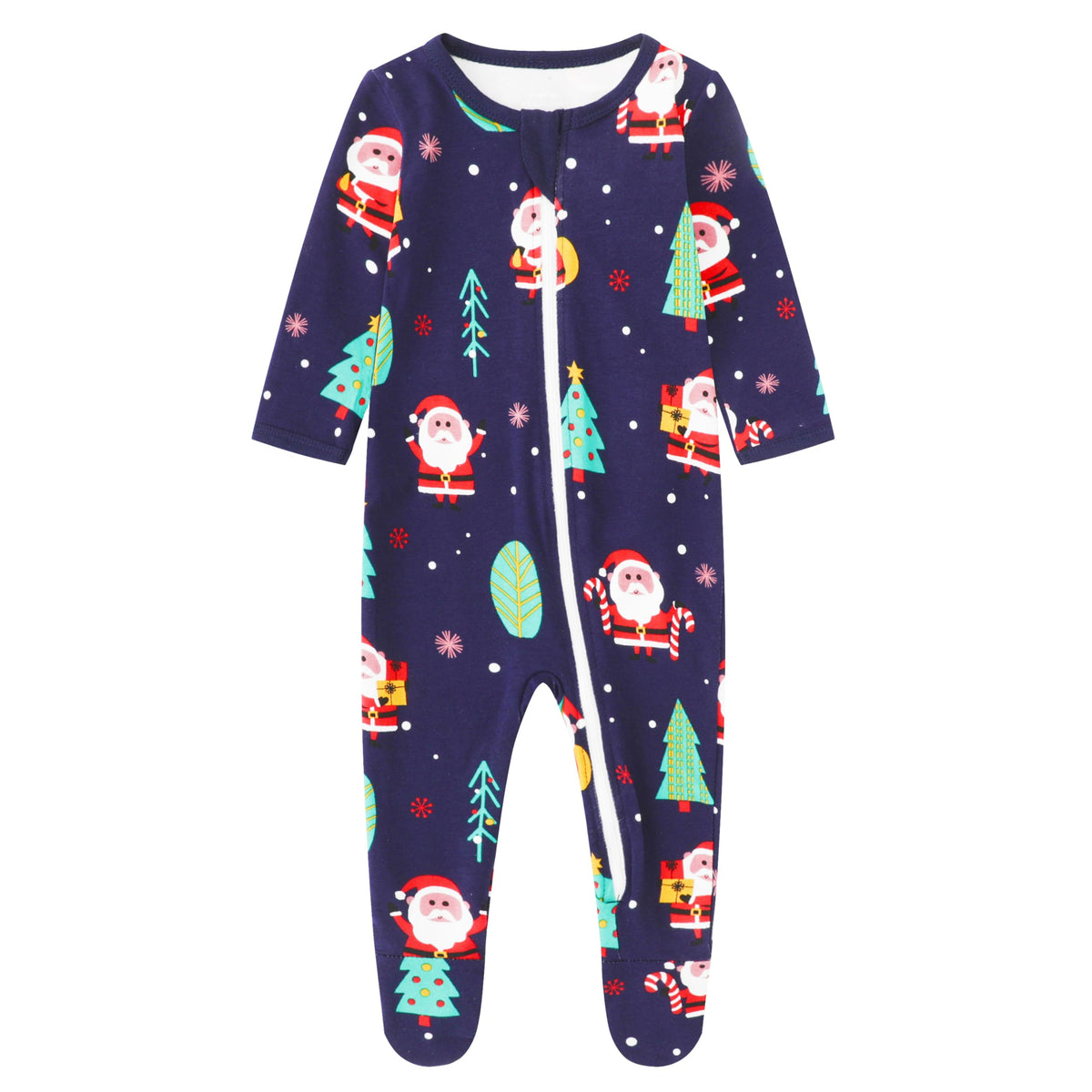 Owlivia organic cotton baby pajamas Santa zip-front close-up highlights soft skin-friendly fabric