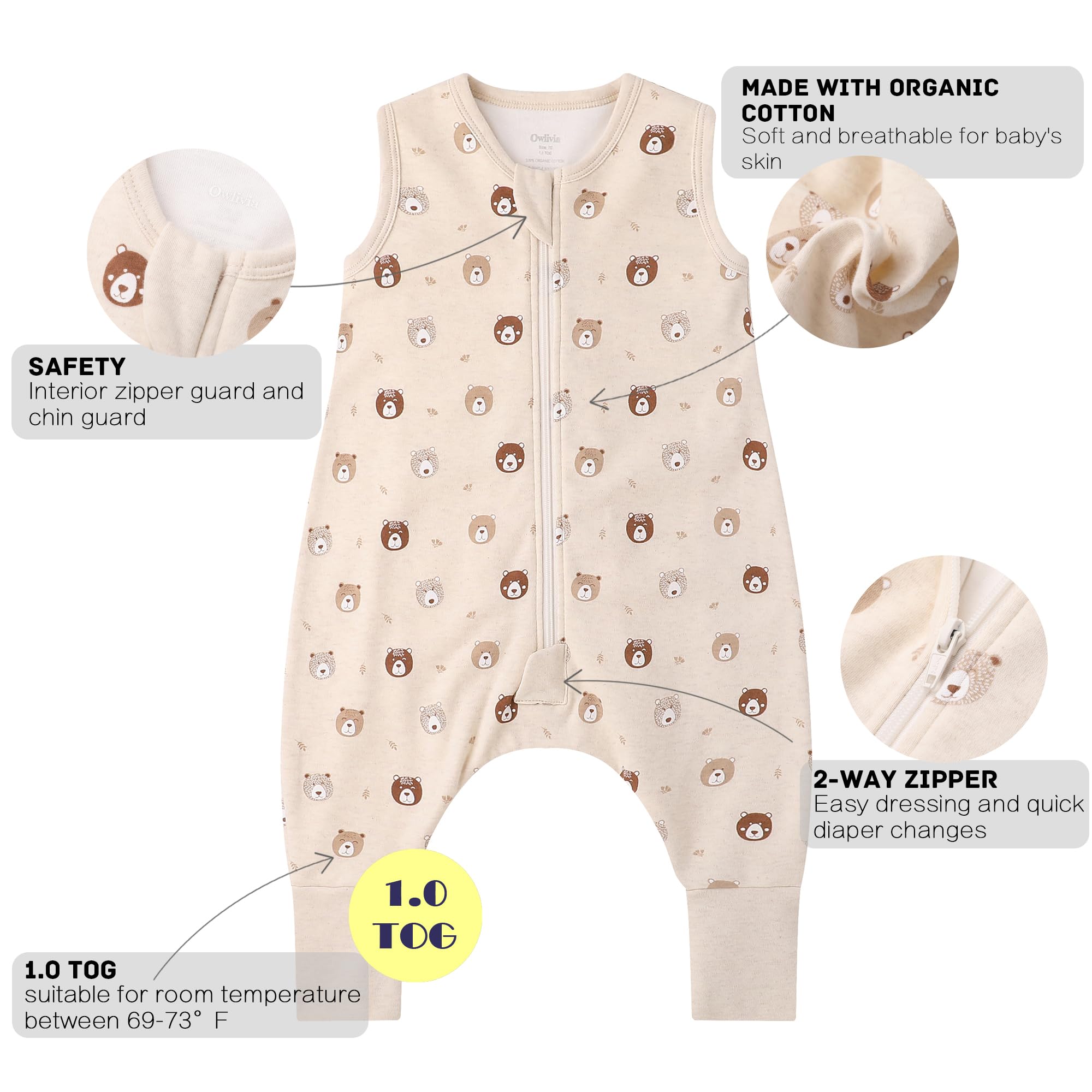 Owlivia fabric close-up on 100% organic cotton for soft, chemical-free wear.
