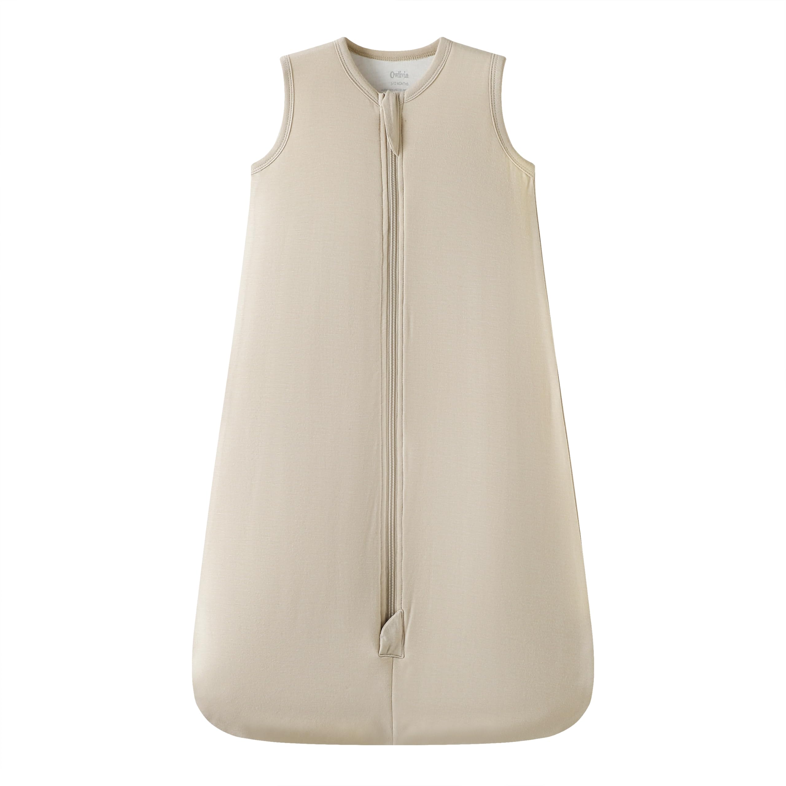 Owlivia sleep sack beige fabric close-up showing soft bamboo rayon blend for gentle skin.