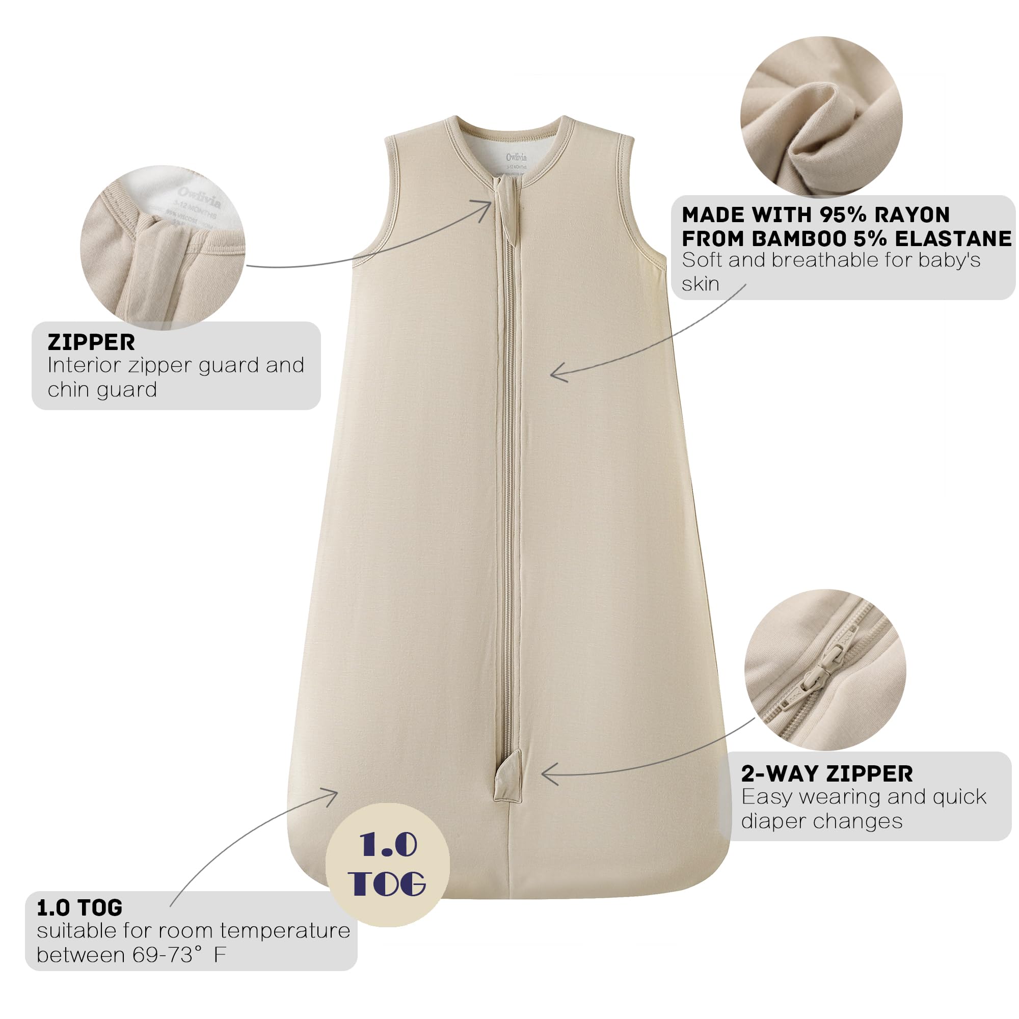 Owlivia sleep sack beige care tag demonstrates machine washability.