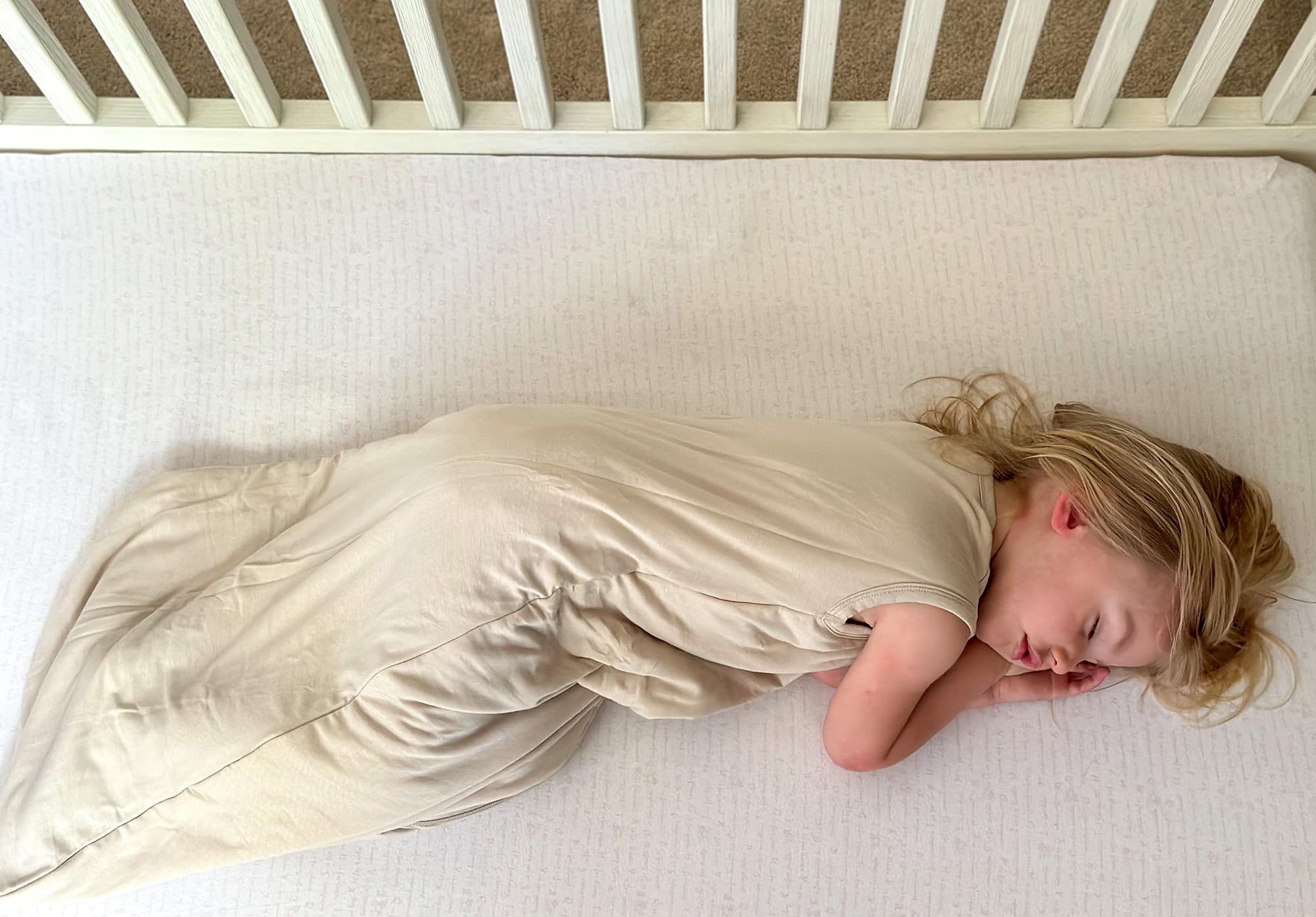 Owlivia sleep sack beige quilted inner layer highlights breathable two-layer design.