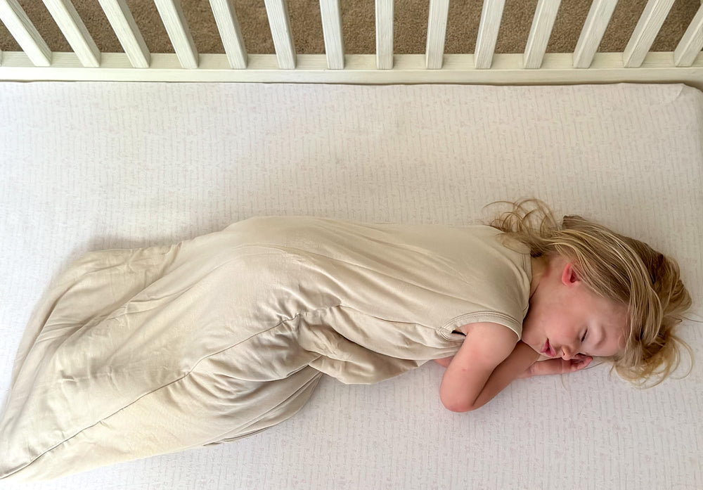 Owlivia sleep sack beige quilted inner layer highlights breathable two-layer design.