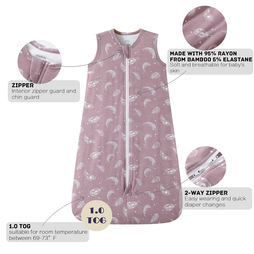 Owlivia feather mauve sleep sack detail highlighting soft color and fabric texture.