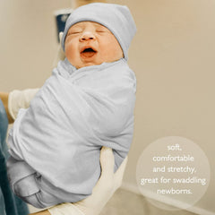 OWLOWLA newborn swaddle set gray stretch fabric closeup shows gentle elasticity for snug swaddles