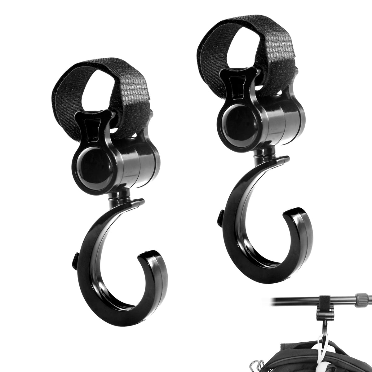 OXDFK walker hook hanging 360° swivel enables hands-free access on strolls.