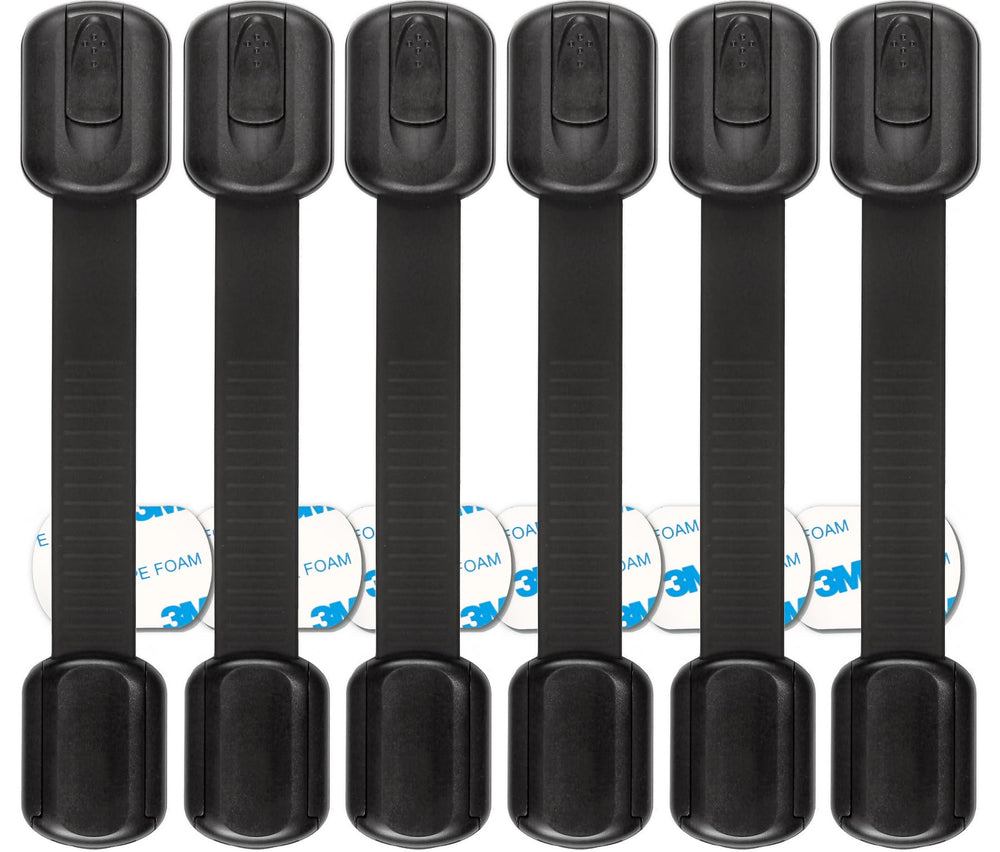 Oxlay safety locks on cabinet doors demonstrating discreet black design and child safety benefits