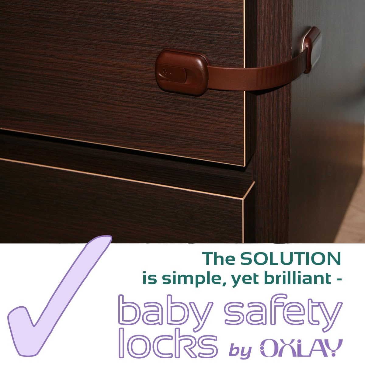 Oxlay safety locks on cupboards demonstrating easy installation and residue-free removal