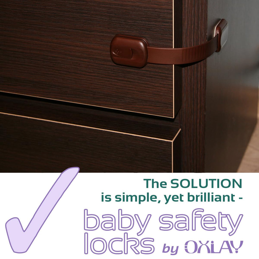 Oxlay safety locks on cupboards demonstrating easy installation and residue-free removal