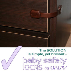 Oxlay safety locks on cupboards demonstrating easy installation and residue-free removal
