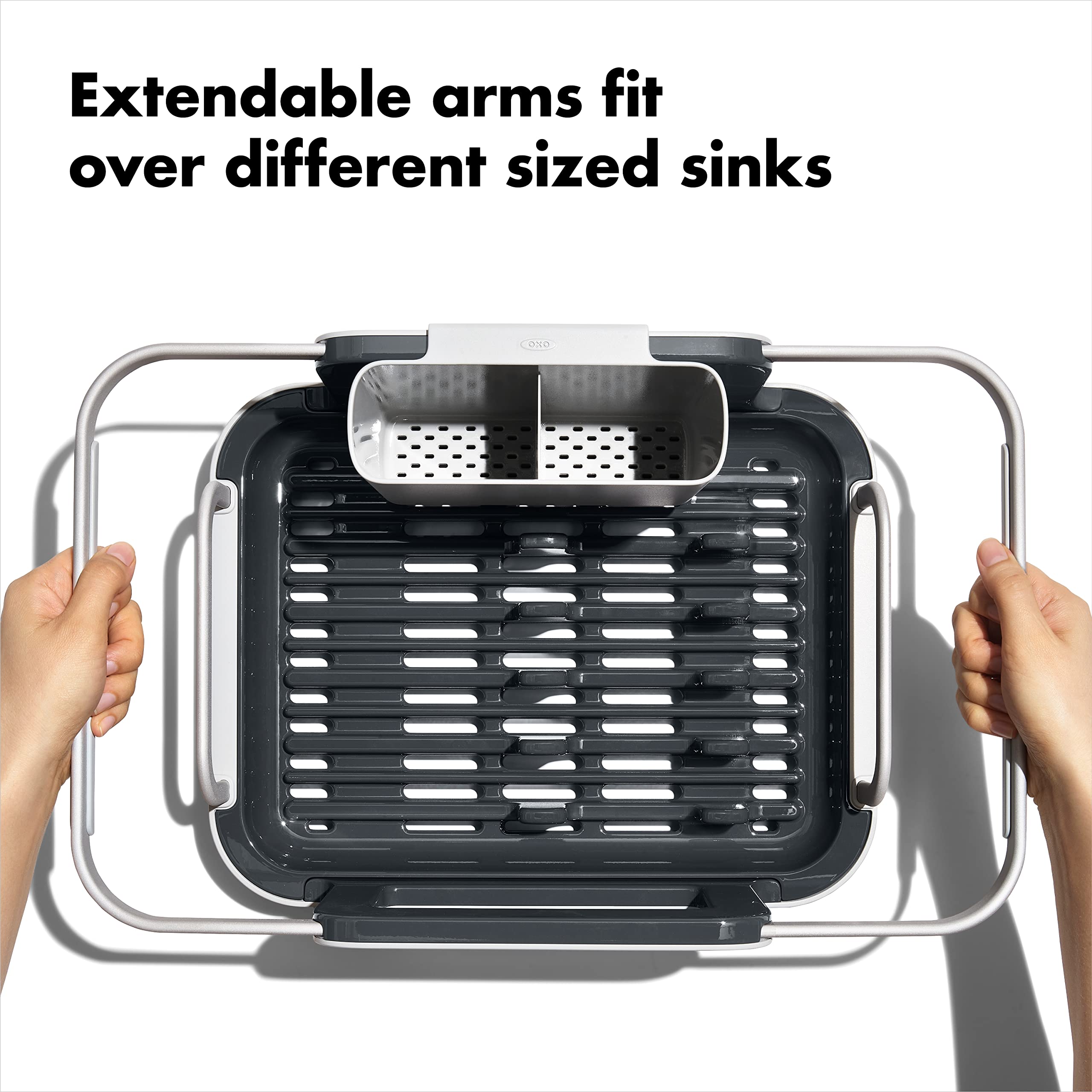 OXO Good Grips rack shown on countertop with drying mat.