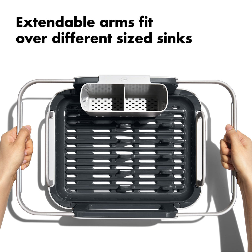 OXO Good Grips rack shown on countertop with drying mat.