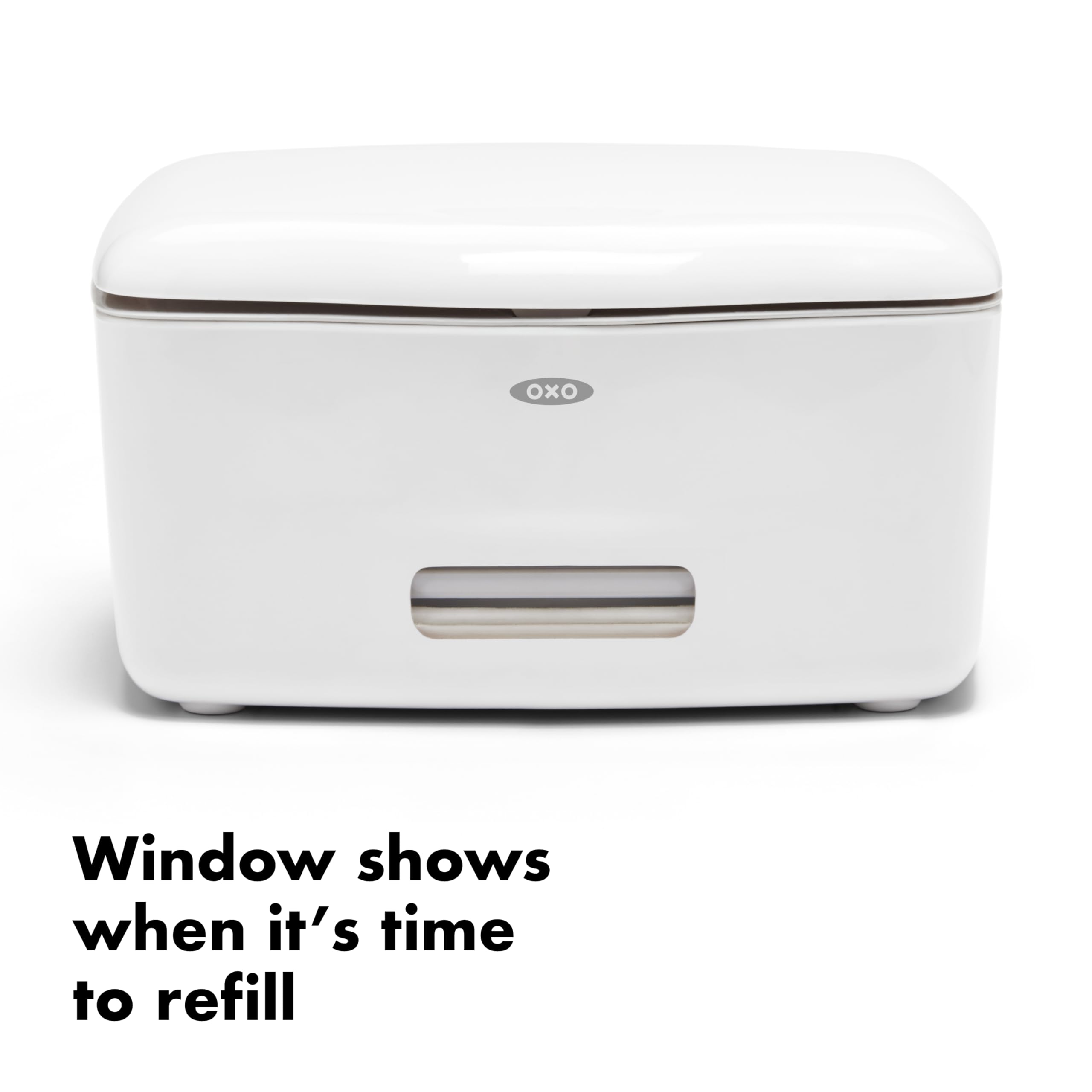 OXO Good Grips PerfectPull non-slip feet keep dispenser steady.