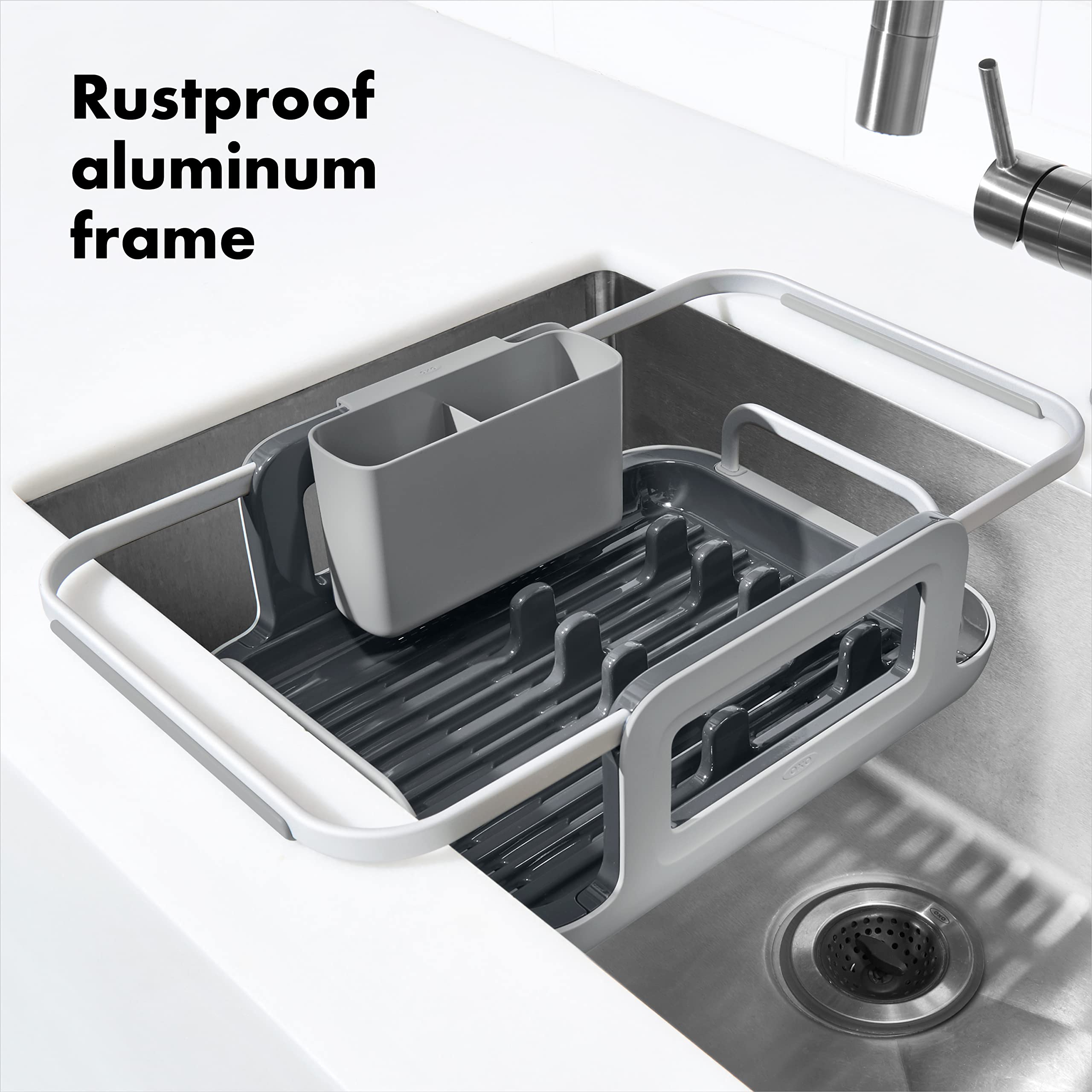 OXO Good Grips plate holders keep dishes upright for stable drying.