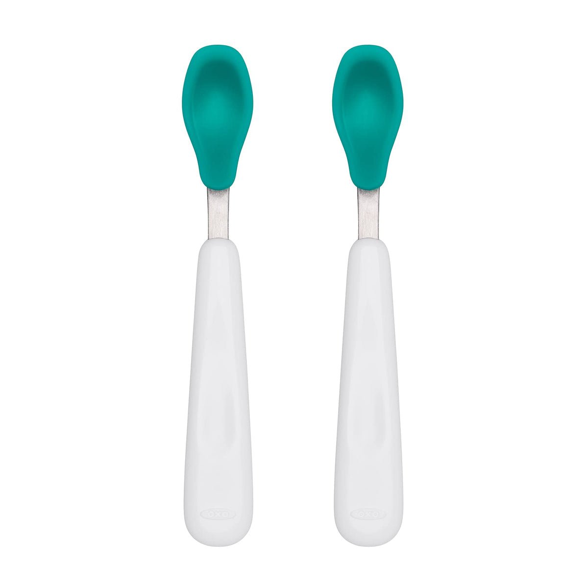 OXO Tot teal feeding spoon set close-up with soft silicone heads for gentle feeding