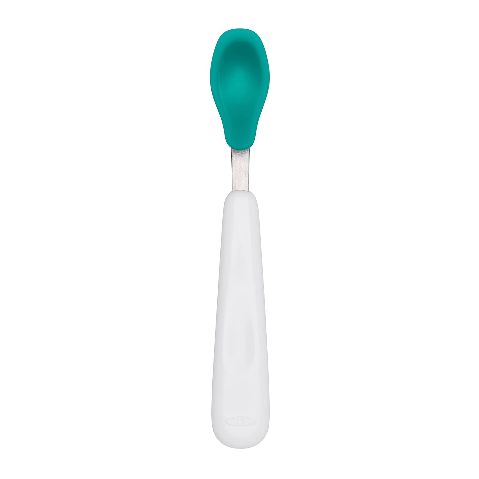 OXO Tot teal spoon with shallow tip to help control portions