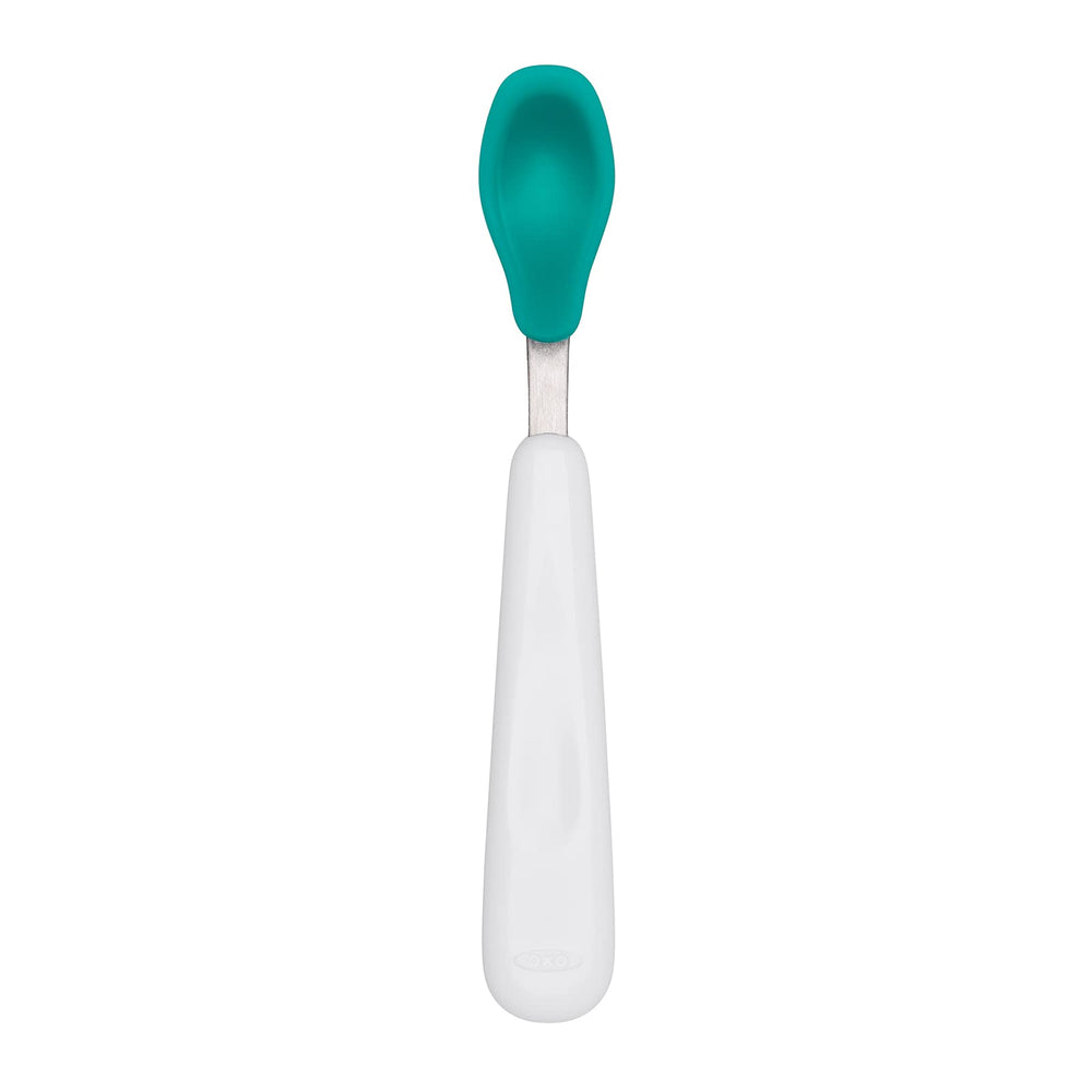 OXO Tot teal spoon with shallow tip to help control portions