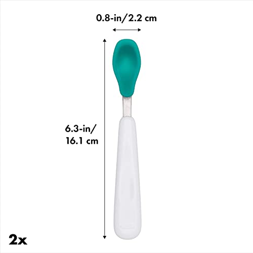 OXO Tot teal spoon showing soft silicone head for tender gums during self-feeding