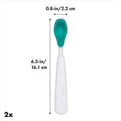 OXO Tot teal spoon showing soft silicone head for tender gums during self-feeding
