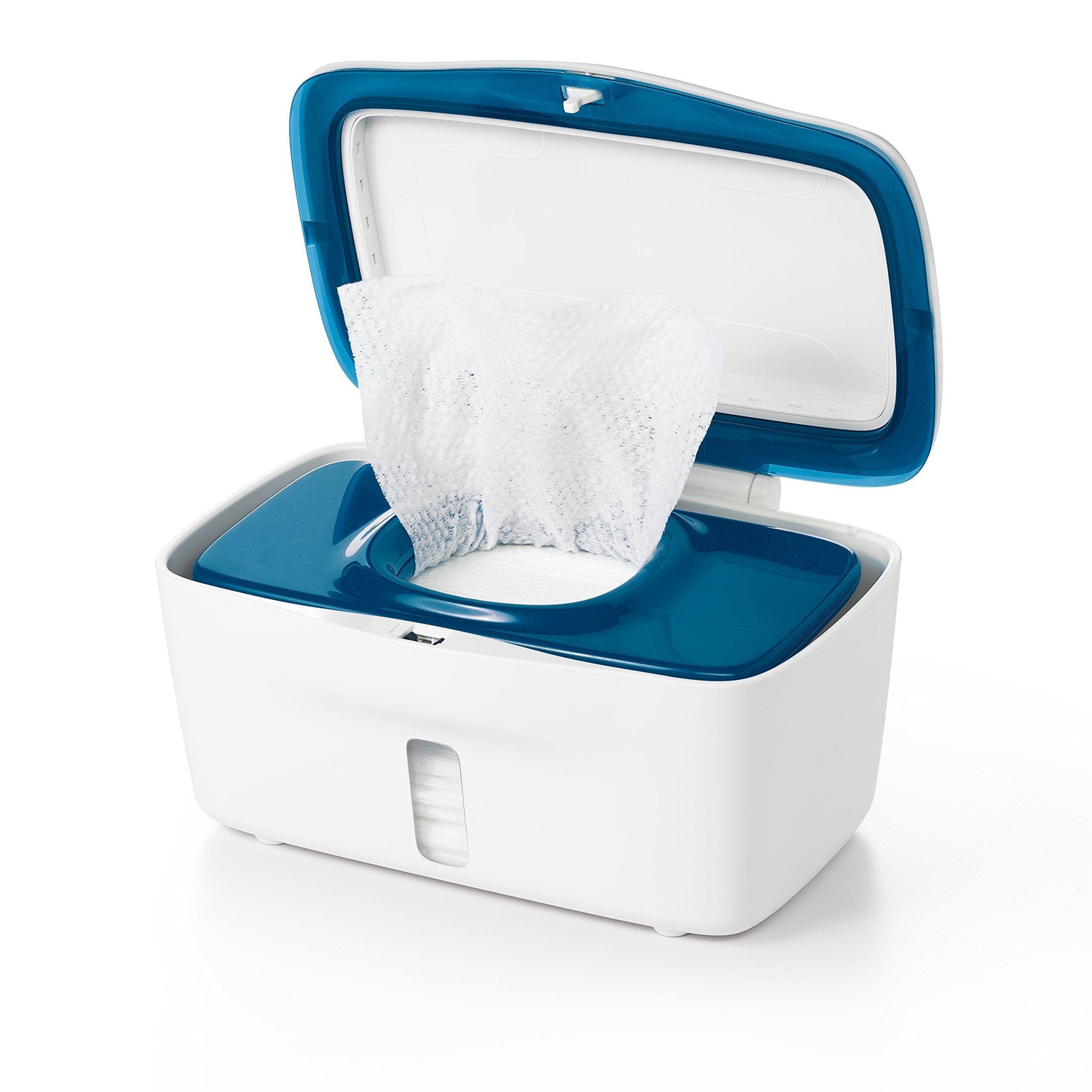 OXO Tot Perfect Pull Wipes Dispenser navy closeup shows premium design and ease of use.